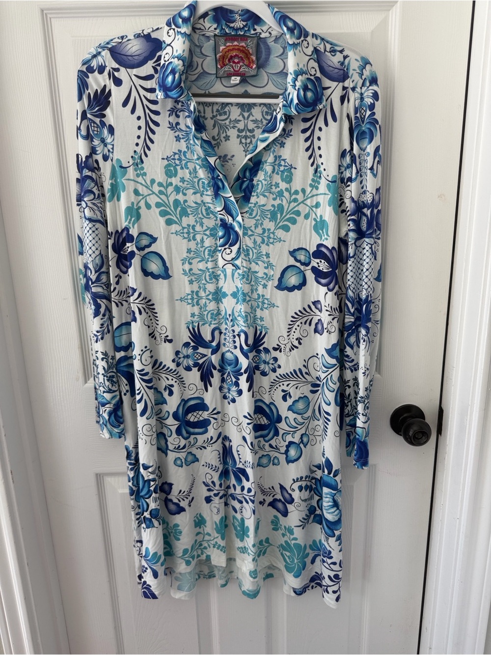 Johnny Was Blue & Teal Long-Sleeve Floral Tunic Dress